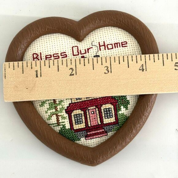 Vtg Mini Cross Stitch HEART “Bless our Home ” Wall Hanging Cottagecore 4.5In - Picture 3 of 4